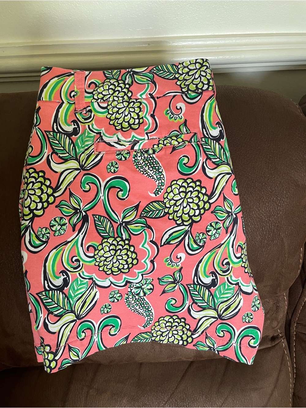crown & ivy Coral Floral Print Shorts with Green Accents